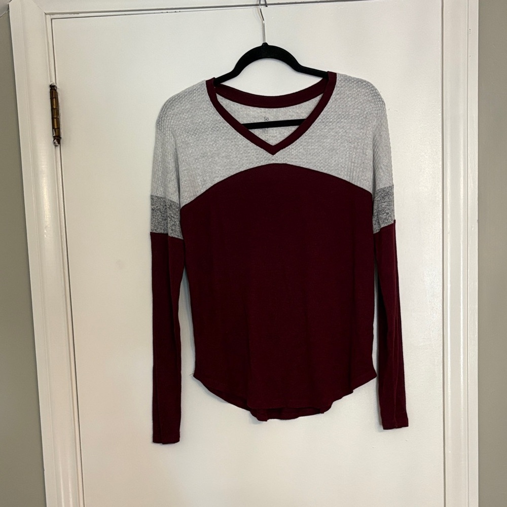 SO Women's Burgundy and Cream Long Sleeve Top